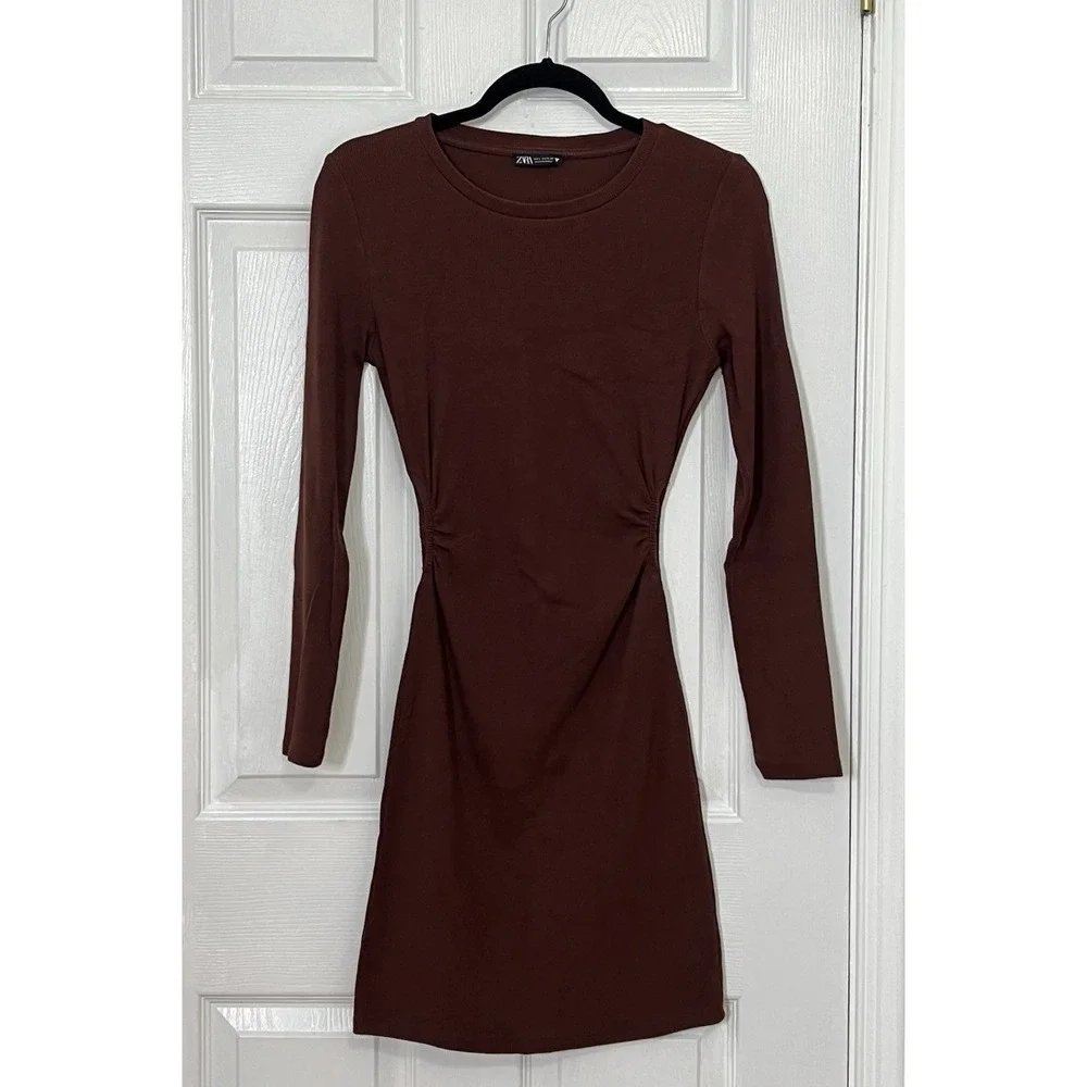 Zara | Dresses | Zara Long Sleeve Ruched Cut Out Bodycon Mini Dress  Chocolate Brown Sexy Chic L
